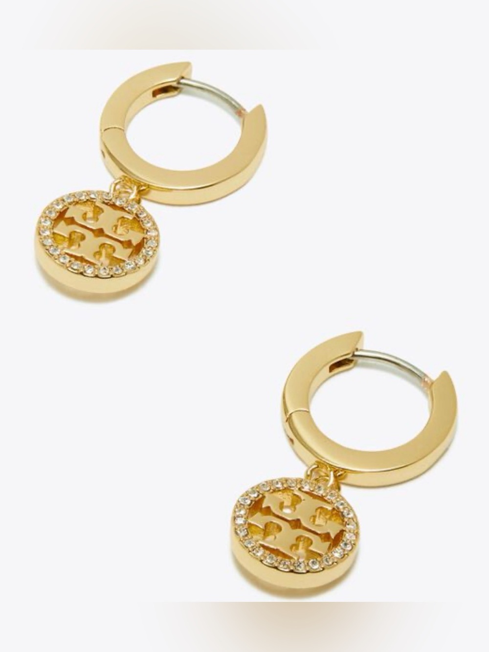 Tory Burch Gold-tone Crystal Logo Drop Huggie Earrings